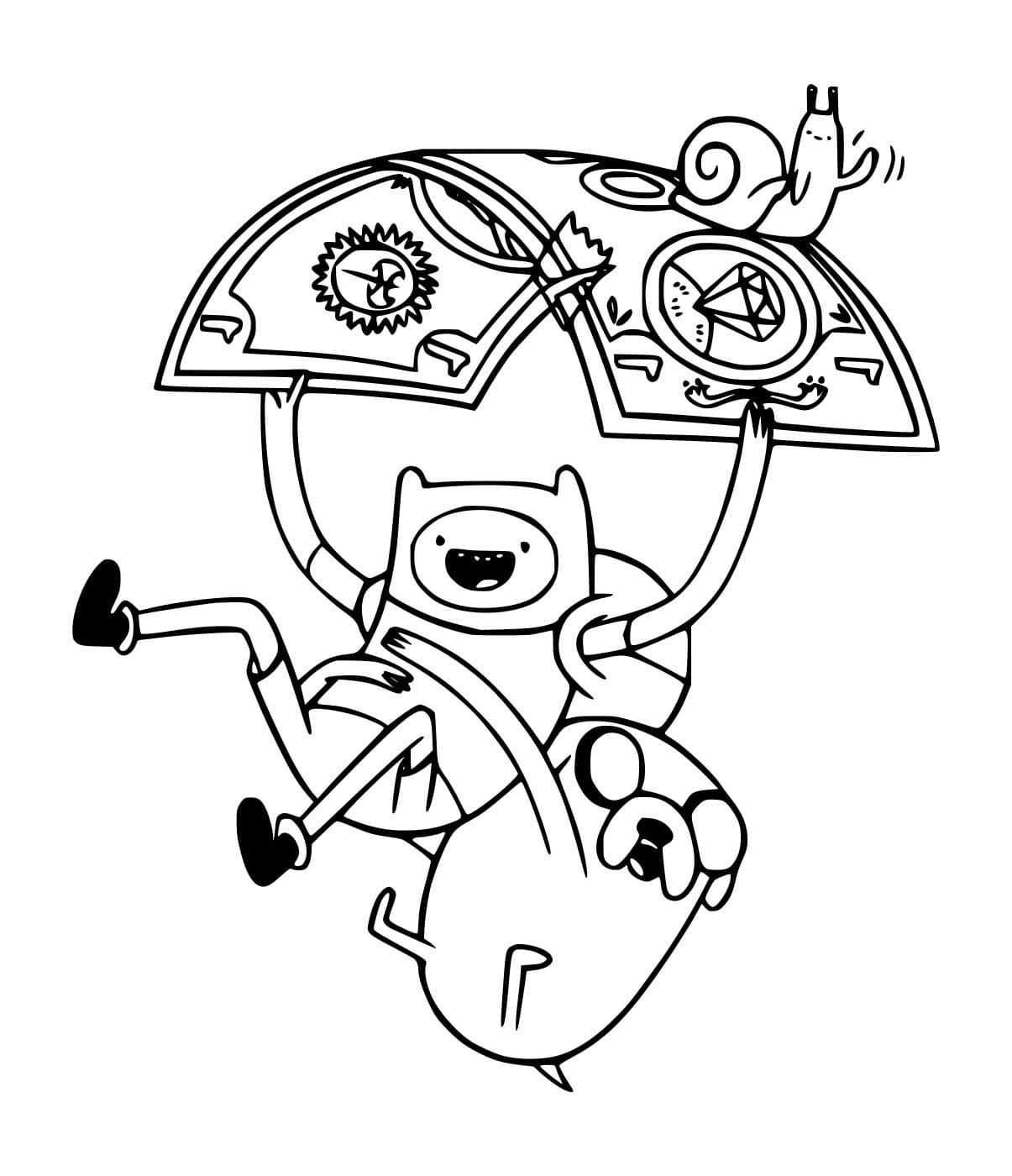 Desenho de Finn e Jake com um Caracol para Colorir