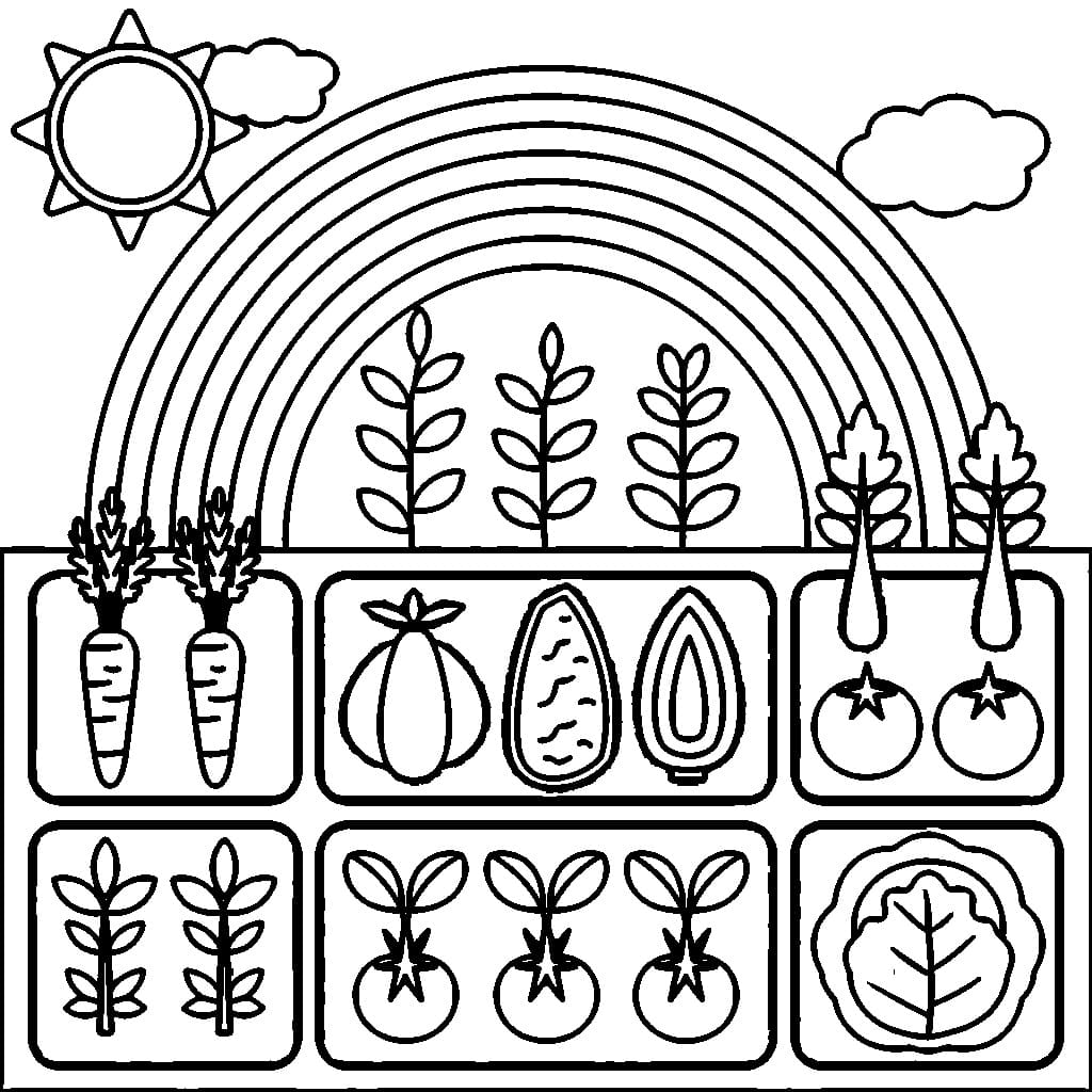 Desenho de Arco Íris e Horta para Colorir