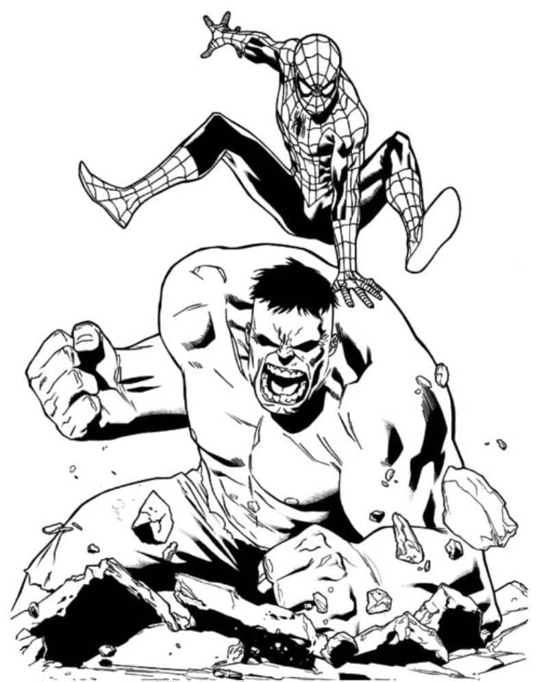 Desenho de Hulk e Homem Aranha para Colorir