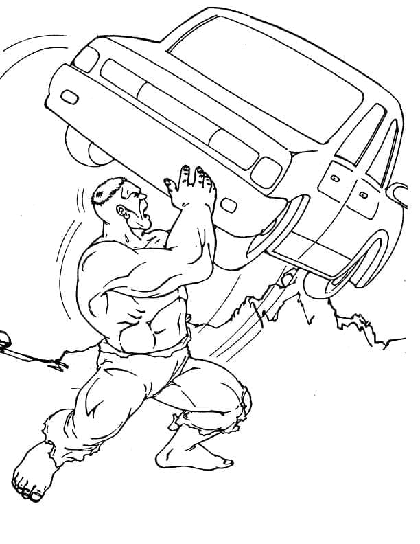 Desenho de Hulk Segurando Carro para Colorir