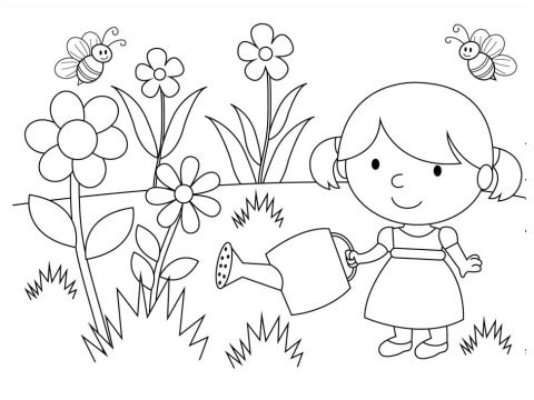 Desenho de Menina no Jardim de Flores para Colorir