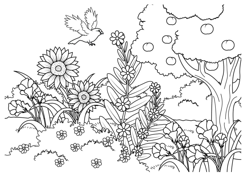 Desenho de Pássaro no Jardim de Flores para Colorir