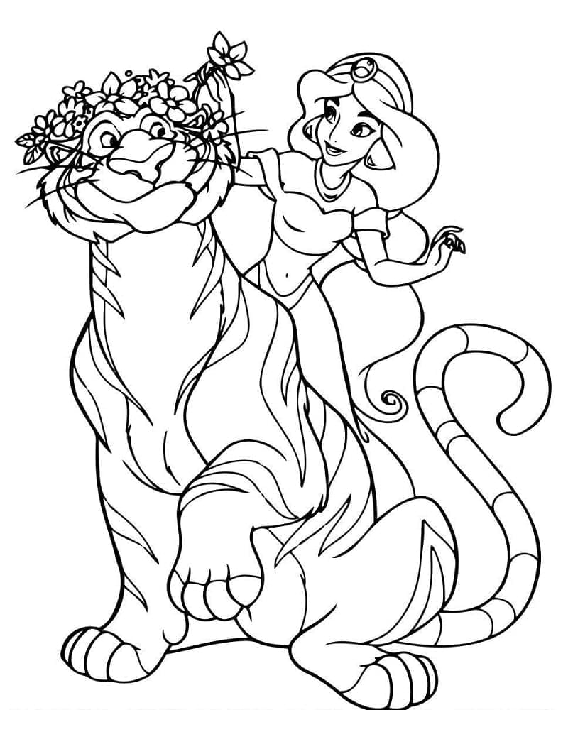 Desenho de Princesa Jasmine com Rajah para Colorir