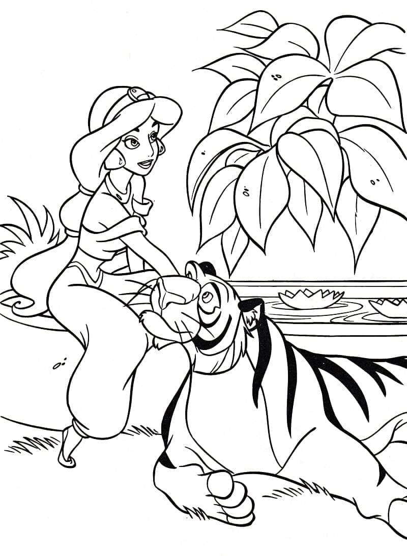 Desenho de Princesa Jasmine com Tigre Rajah para Colorir
