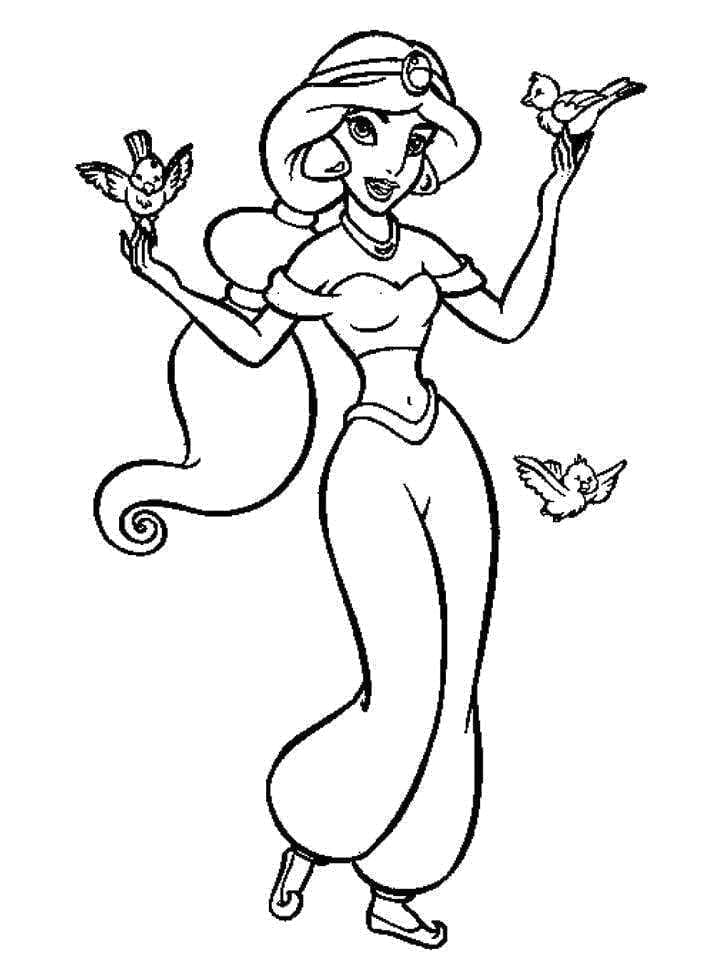 Desenho de Princesa Jasmine e Pássaros para Colorir
