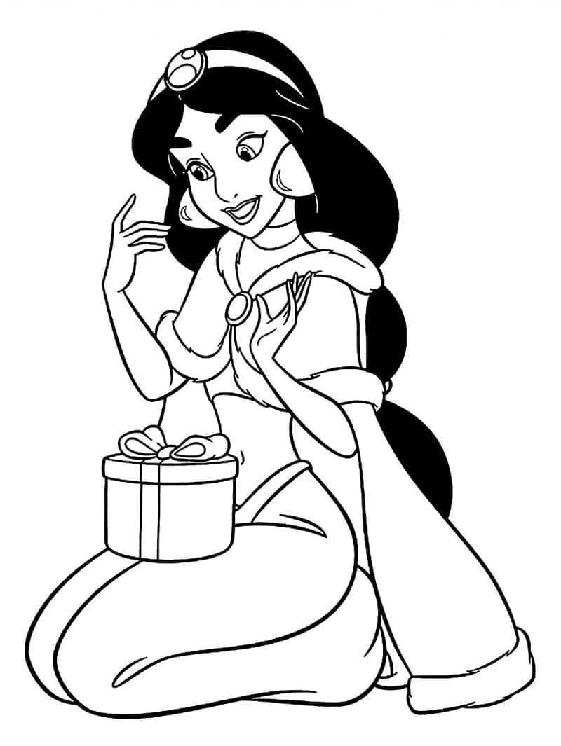 Desenho de Princesa Jasmine e Presente para Colorir
