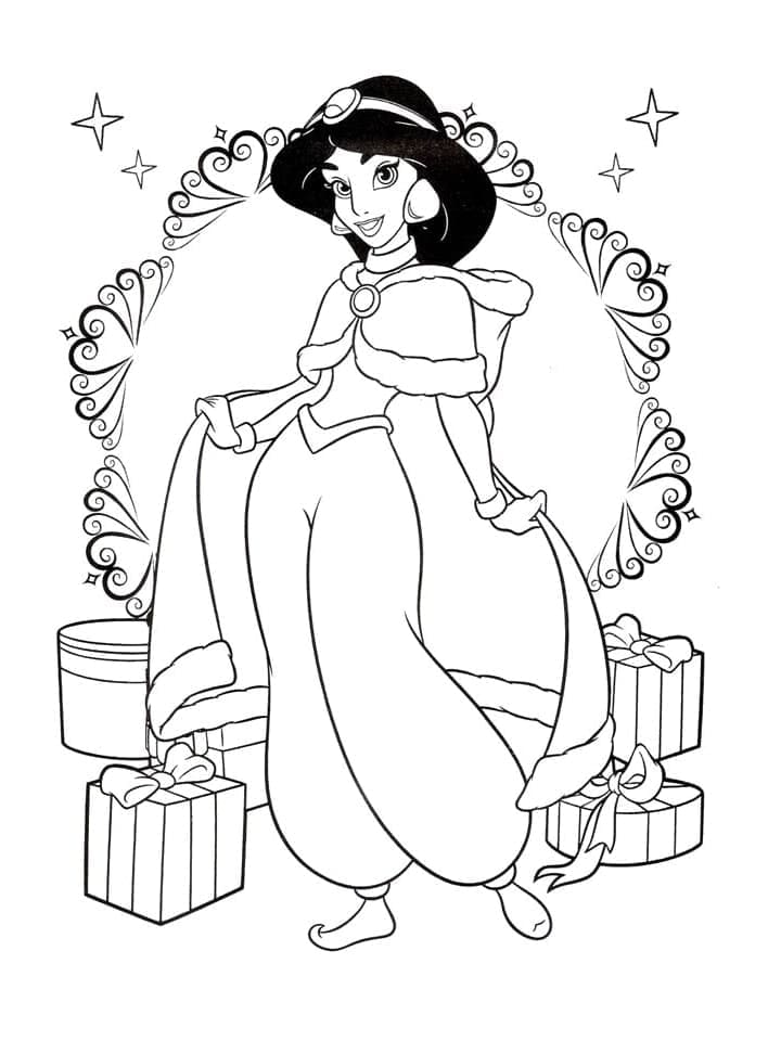 Desenho de Princesa Jasmine e Presentes para Colorir