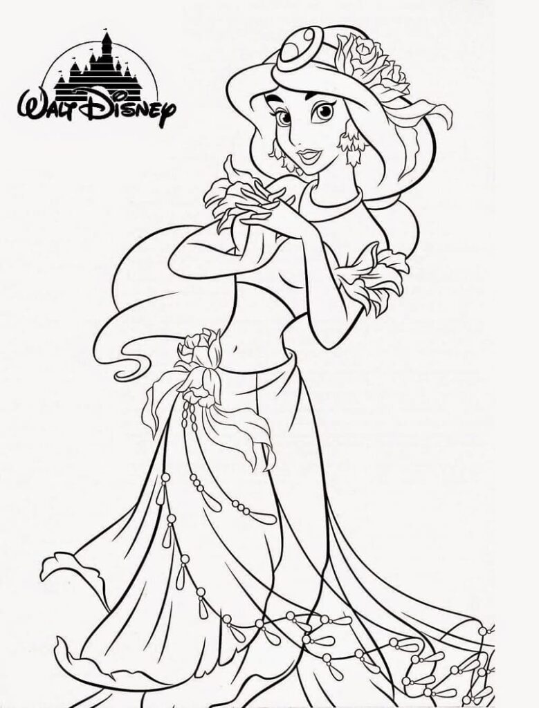 Desenho de Princesa Jasmine Sorridente para Colorir