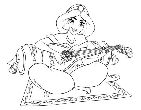 Desenho de Princesa Jasmine Toca violão para Colorir