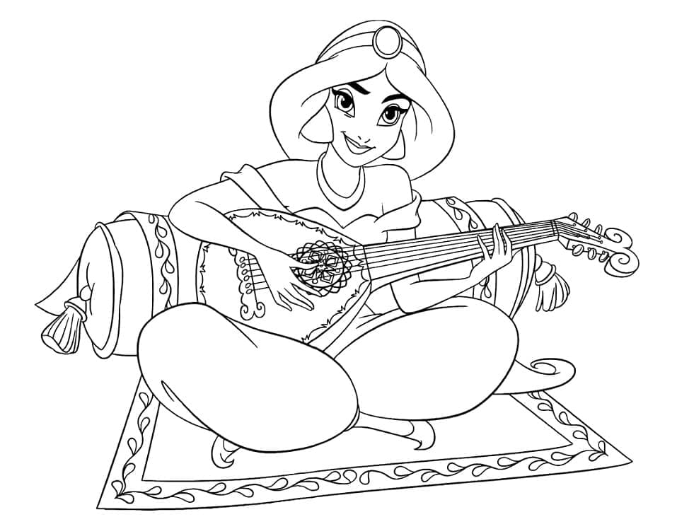 Desenho de Princesa Jasmine Tocá Violão para Colorir
