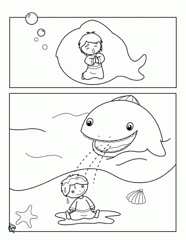 Desenho de Jonas e a Baleia Atividade Bíblica para Colorir Online Pdf