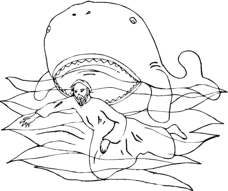 Desenho de Jonas e a Baleia Libertado da Baleia para Colorir com Tinta Guache Download