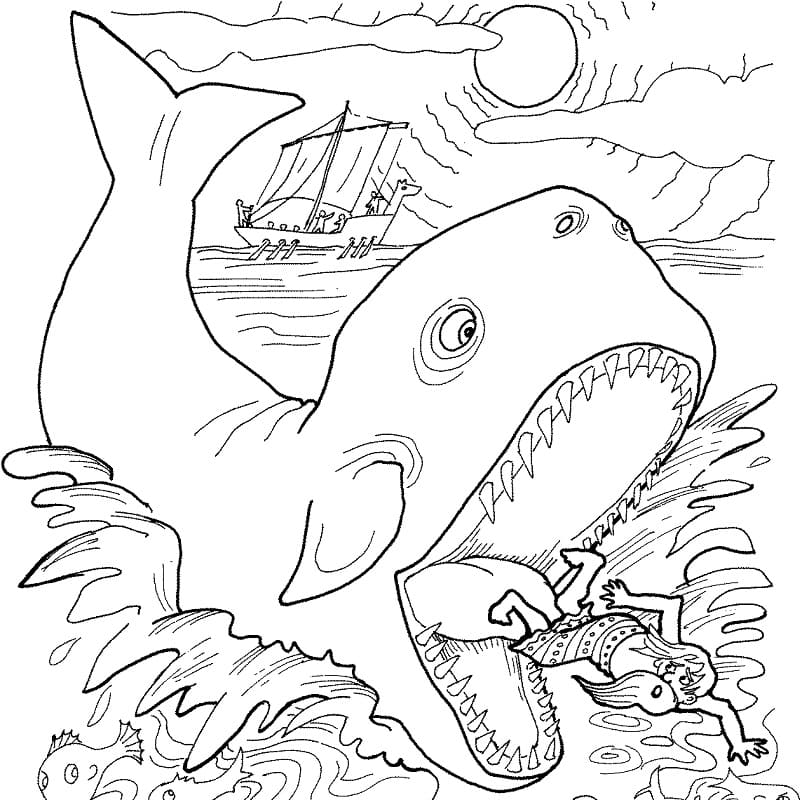 Desenho de Jonas e a Baleia Profeta no Mar para Colorir