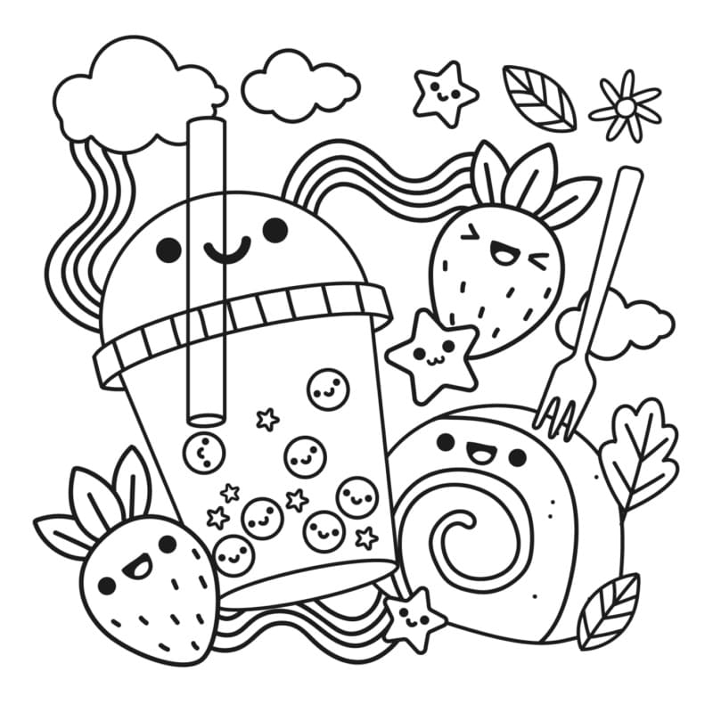 Desenho de Comidas Animadas Kawaii para Colorir
