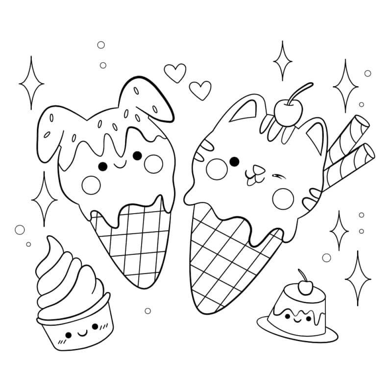Desenho de Kawaii Sorvetes para Colorir