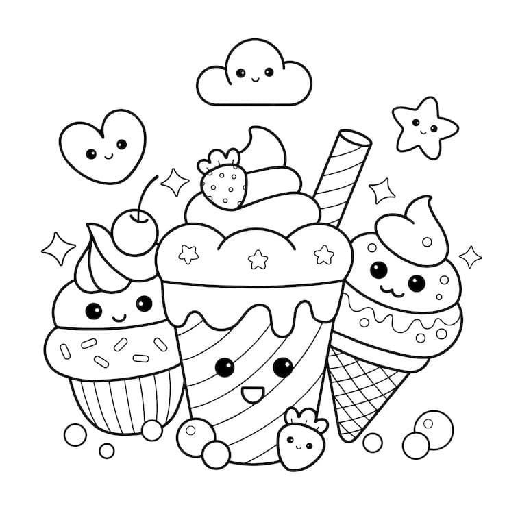 Desenho de Sorvetes Kawaii para Colorir