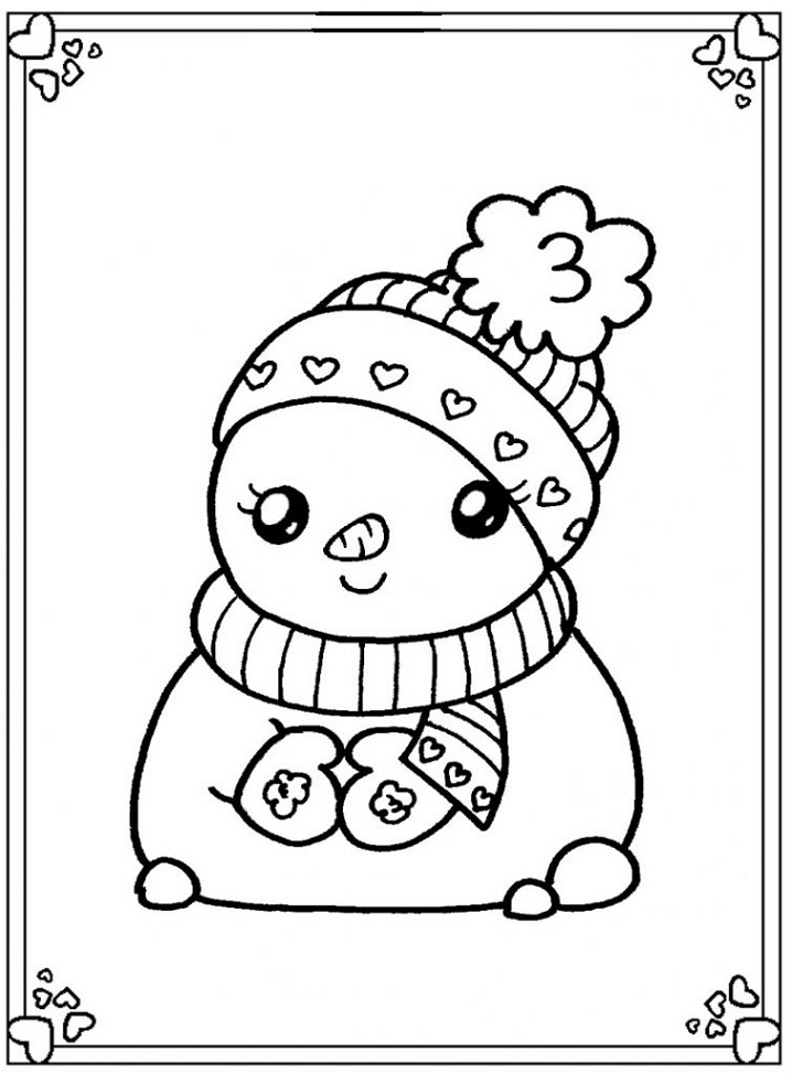 Desenho de Boneco de Neve Kawaii Natalino para Colorir