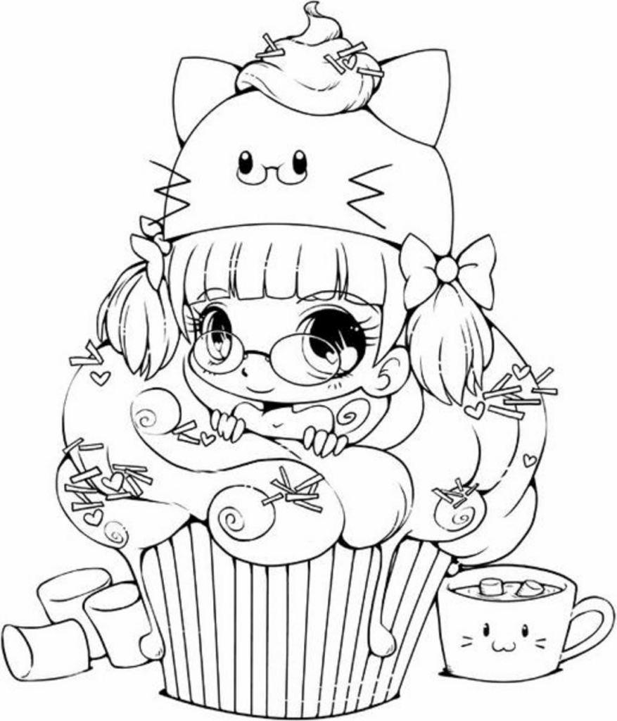 Desenho de Menina com Bolinho Kawaii Anime para Colorir A4