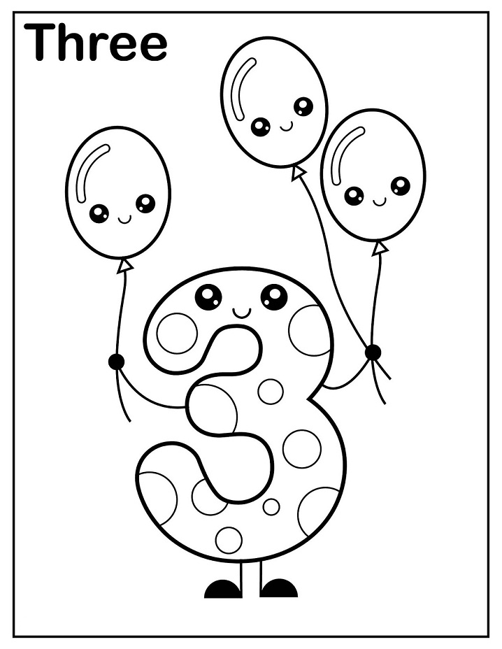 Desenho do Número Trez Kawaii para Baixar