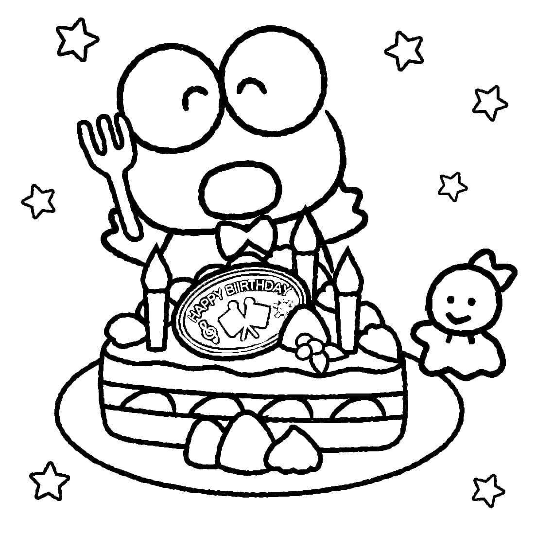 Desenho de Keroppi com Bolo de Aniversário para Colorir