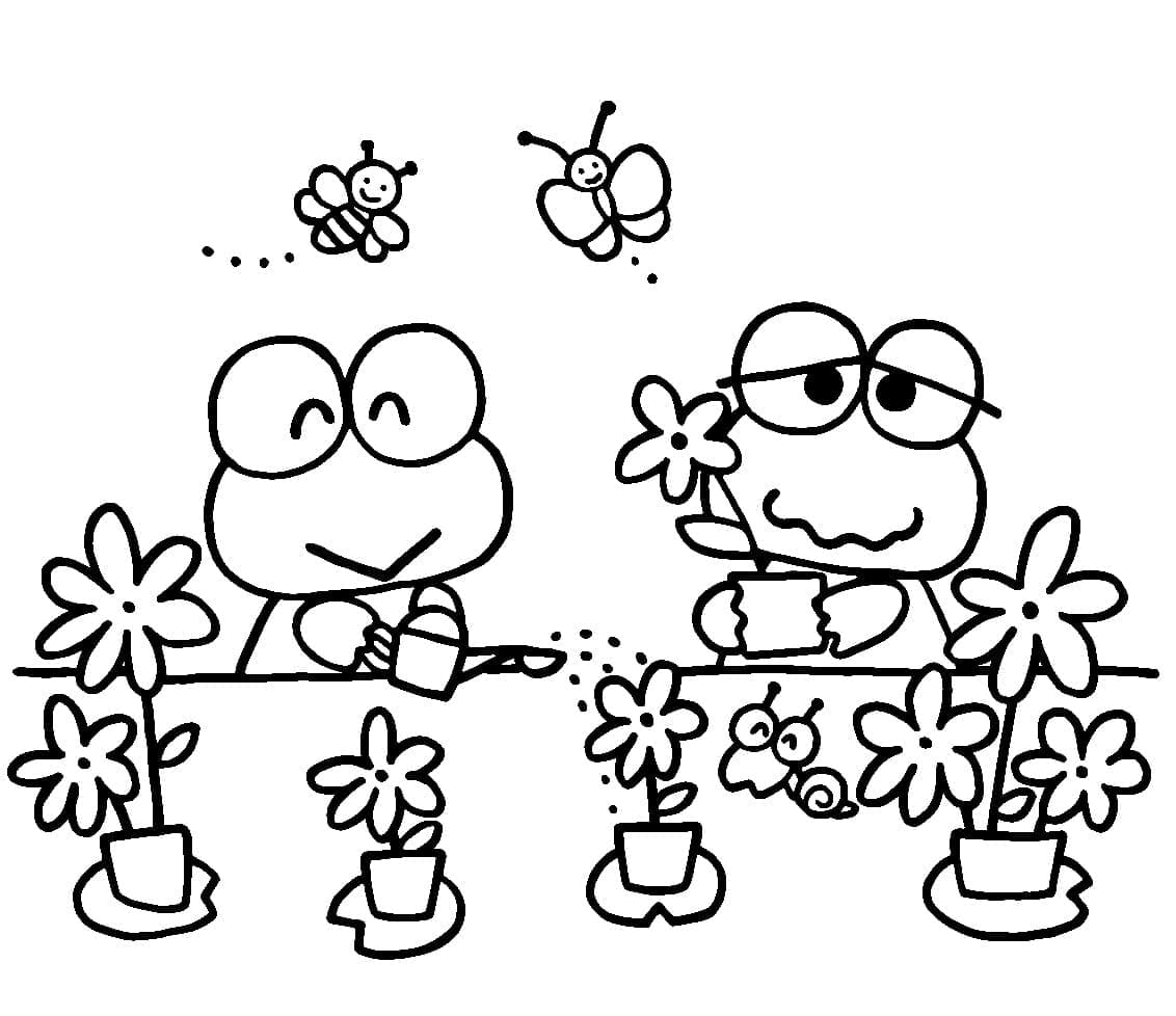 Desenho de Keroppi com Flores para Colorir