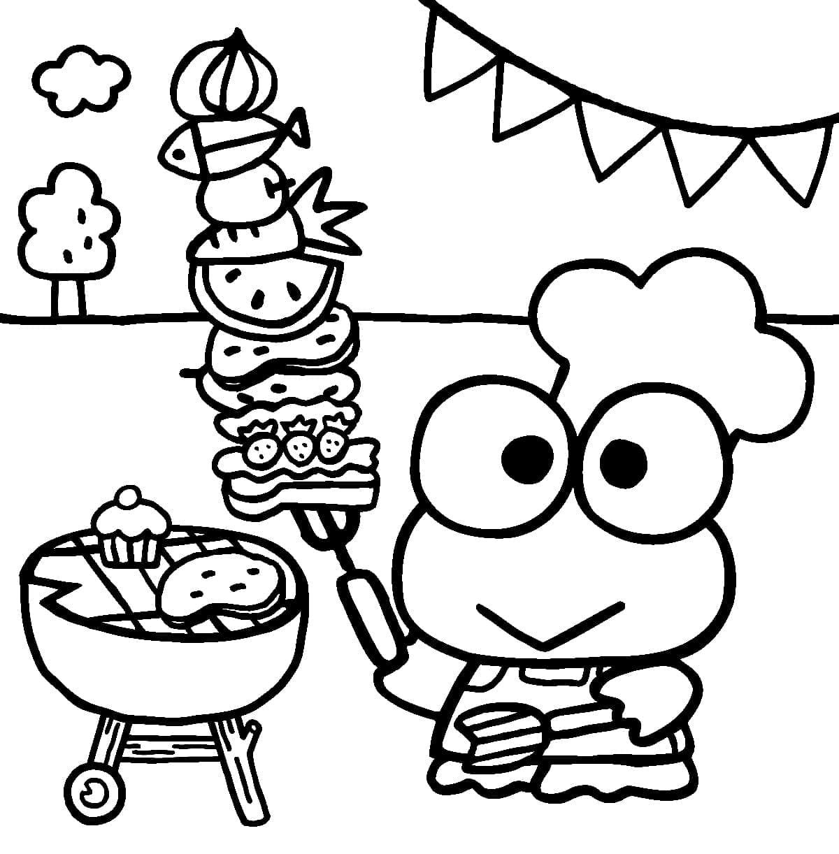 Desenho de Keroppi na Festa de Churrasco para Colorir