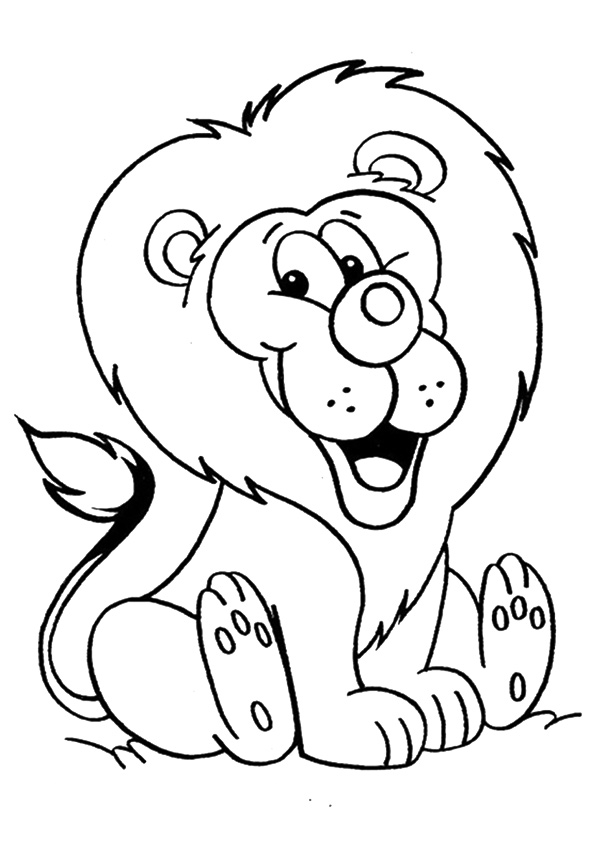 Desenho de Leão Sorrindo e Sentado na Grama para Colorir