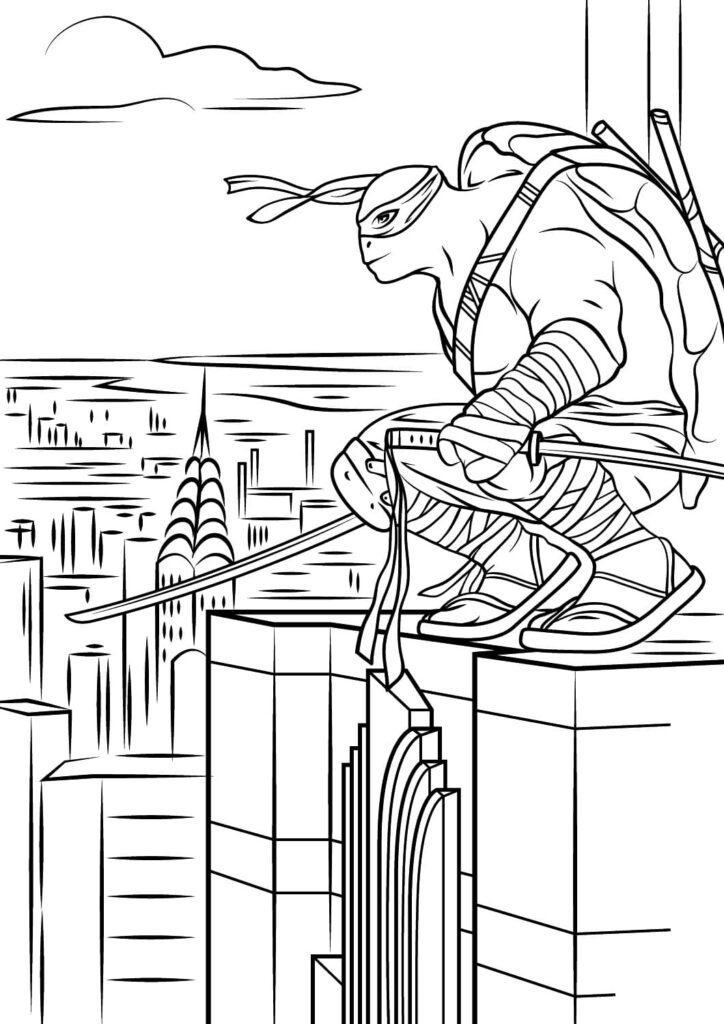 Desenho de Tartarugas Ninja Leonardo no Telhado para Colorir