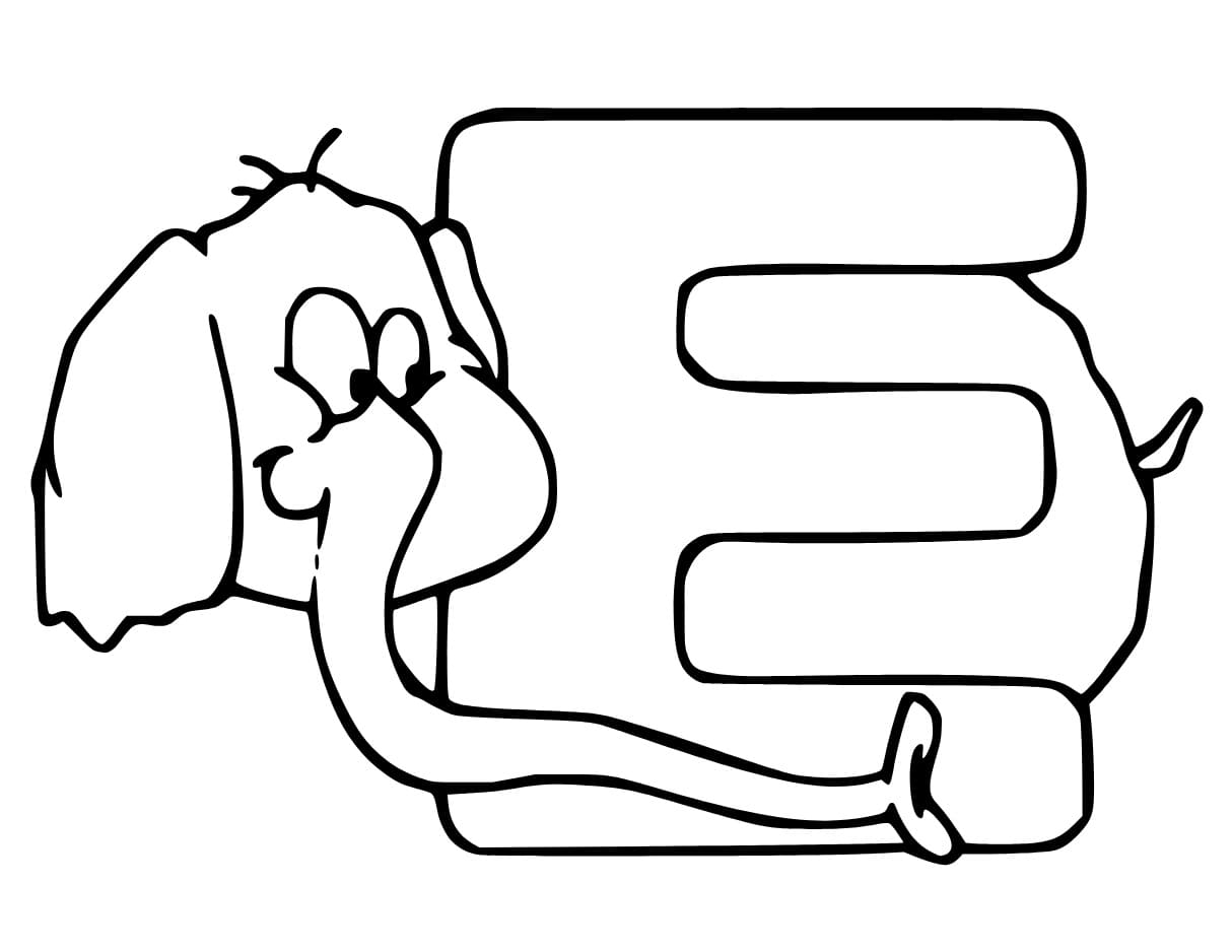Desenho de Letra e com Elefante para Colorir