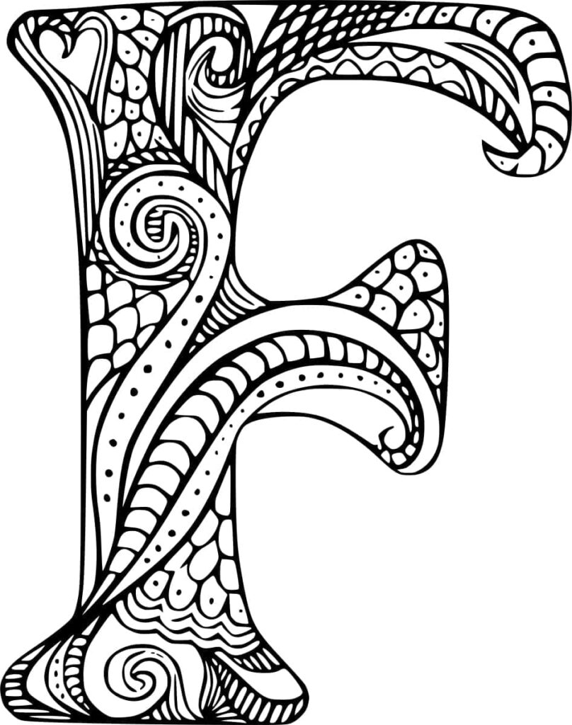 Desenho de Zentangle Letra F para Colorir