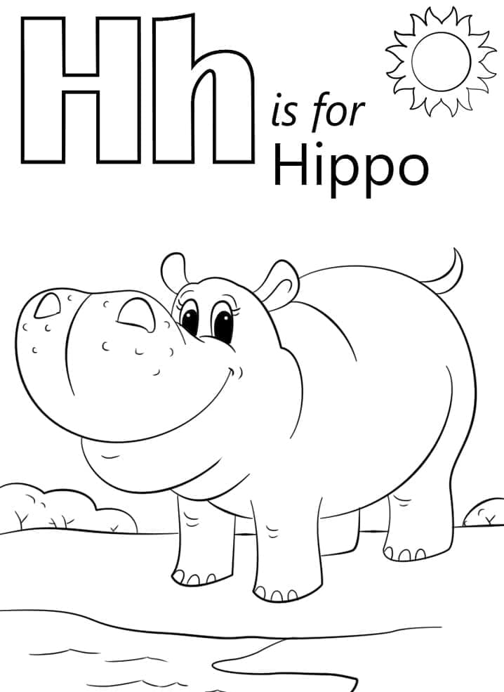 Desenho de Letra H e Hipopótamo para Colorir