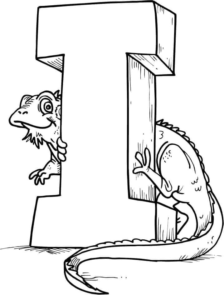 Desenho de Letra I e Iguana para Colorir