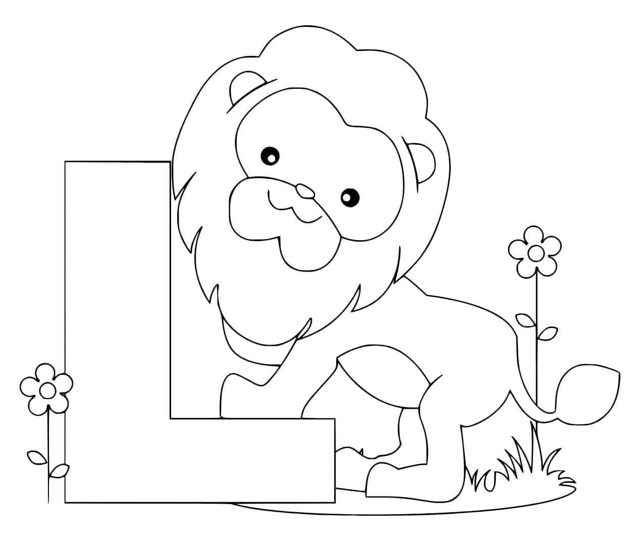 Desenho de Letra L com Leão para Colorir