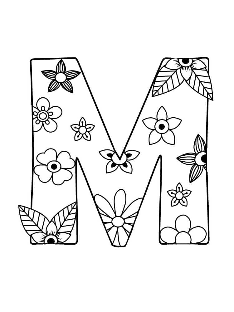 Desenho de Letra M com Flores para Colorir