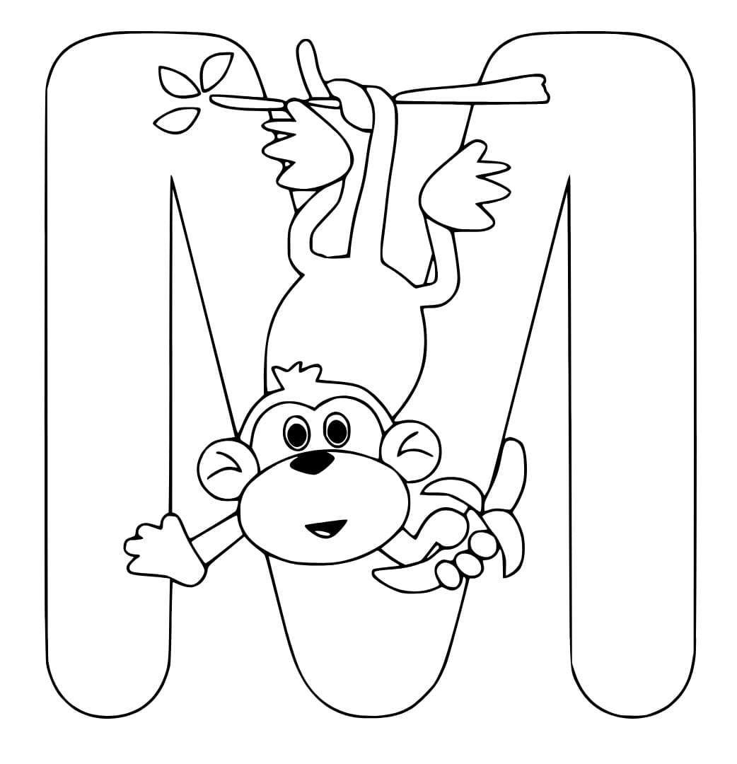 Desenho de Letra M e Macaco para Colorir