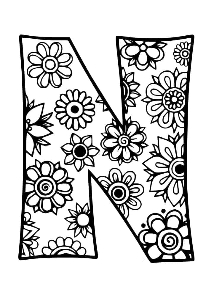 Desenho de Letra N com Flores para Colorir