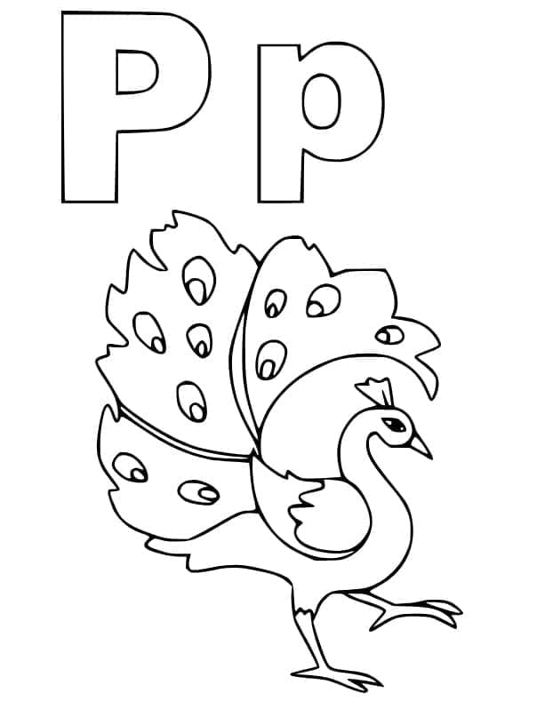 Desenho de Letra P e para Pavão para Colorir