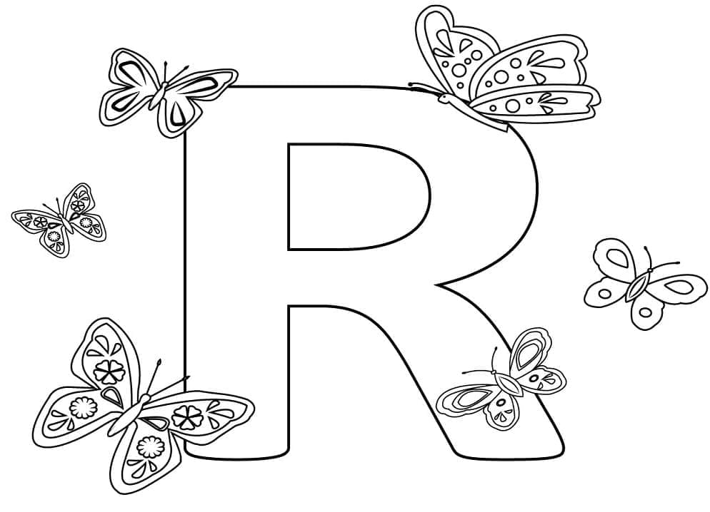 Desenho de Letra R e Borboletas para Colorir