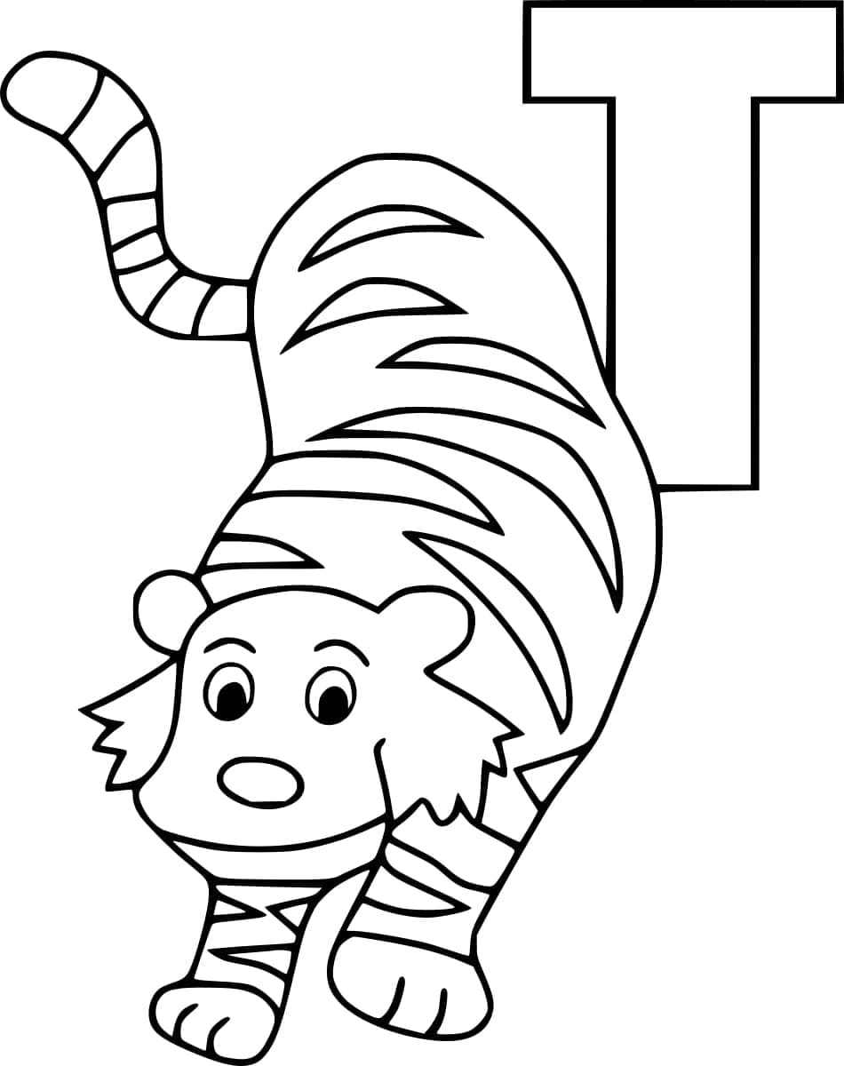 Desenho de Letra T e Tigre para Colorir
