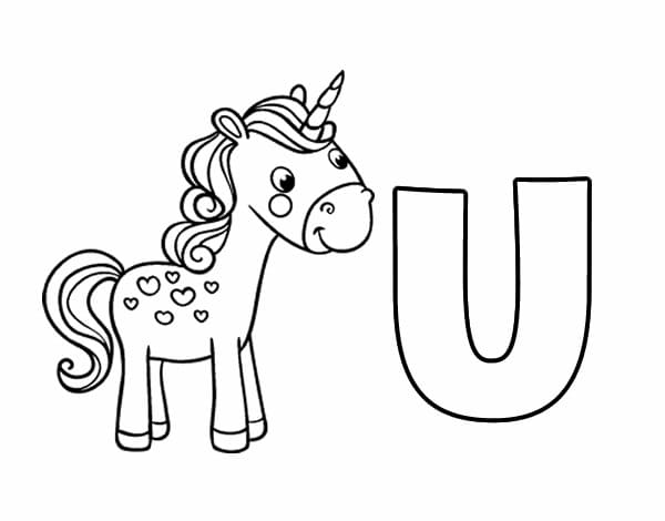 Desenho de Letra U e para Unicórnio para Colorir