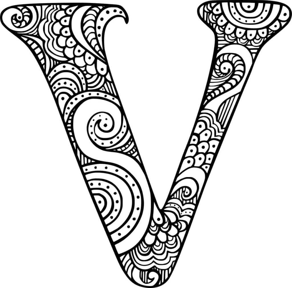Desenho de Letra V Zentangle para Colorir