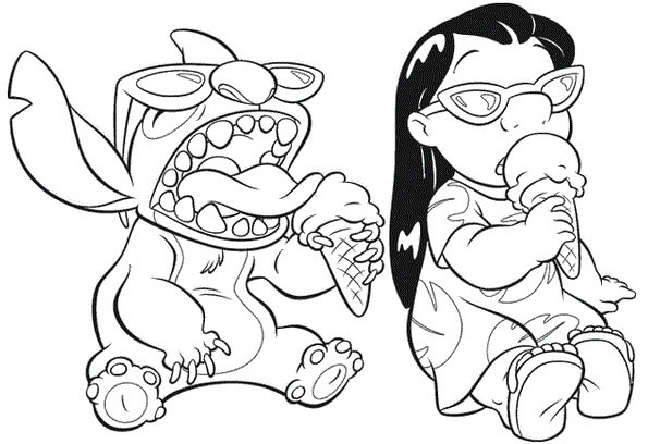 Desenho de Lilo e Stitch Tomando Delicioso Sorvete na Praia para Colorir
