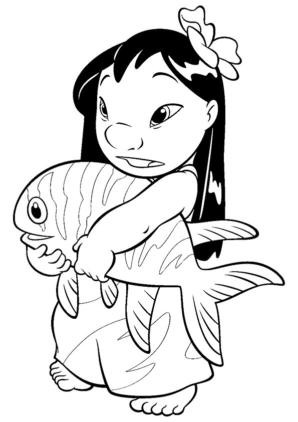 Desenho de Lilo Segurando Peixe Gigante para Colorir