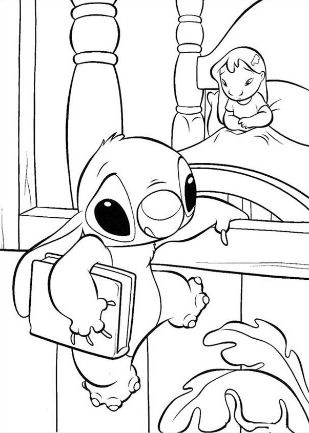 Desenho de Stitch e Lilo com Livro nas Mãos para Imprimir e Pintar Pdf