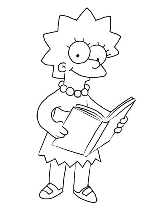 Desenho de Lisa Simpson com um Livro para Colorir