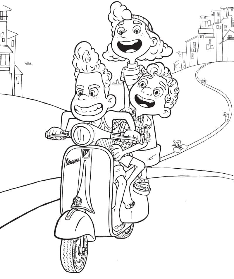 Desenho Personagens de Luca Andando de Moto para Colorir