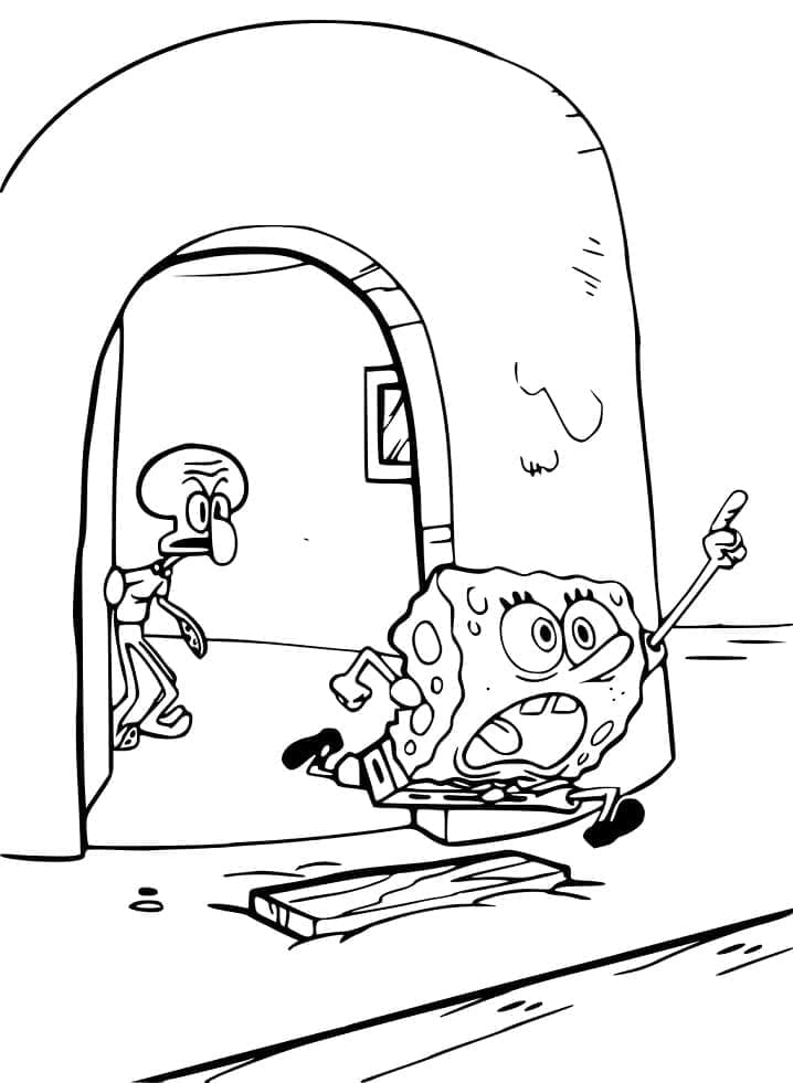 Desenho de Lula Molusco com Bob Esponja para Colorir