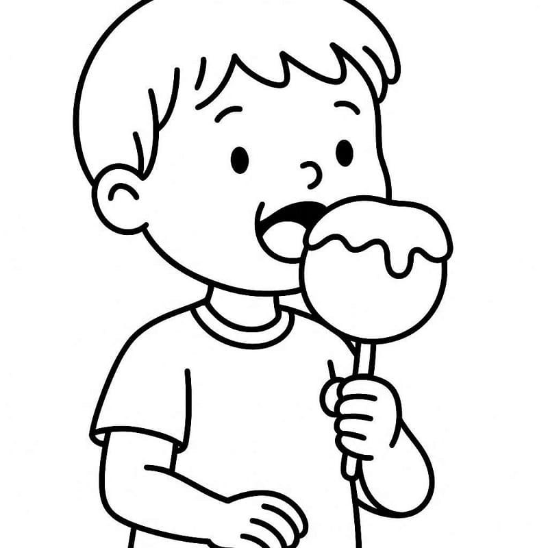 Desenho de Menino Comendo Maçã do Amor para Colorir