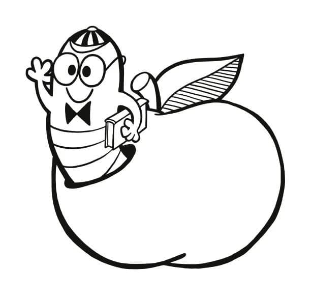 Desenho de um Verme Fofo na Maçã para Colorir