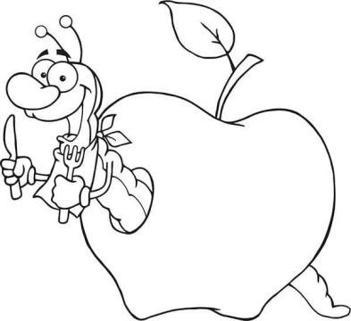 Desenho de Verme na maçã para Colorir
